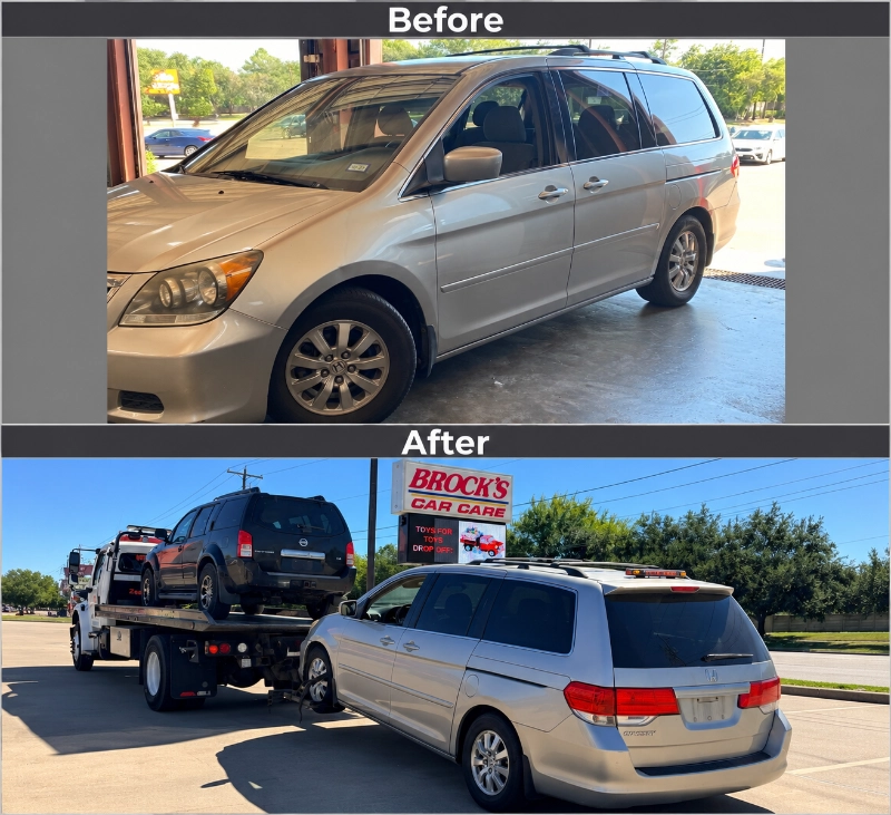 Before/after photos of a silver Honda Odyssey at a repair shop and attached for towing.